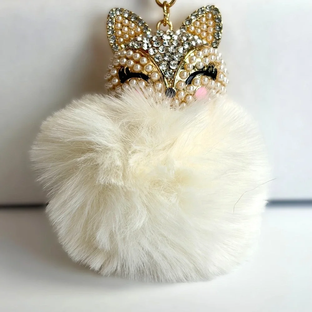 Sparkly Fox Keychain Pearl Rhinestone Faux‎ Fur Pom Pom Bag Charm Coquette Boho